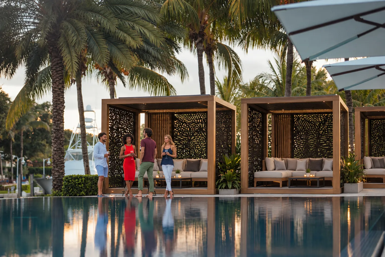 Cabanas with decorative screens · Pool lounge