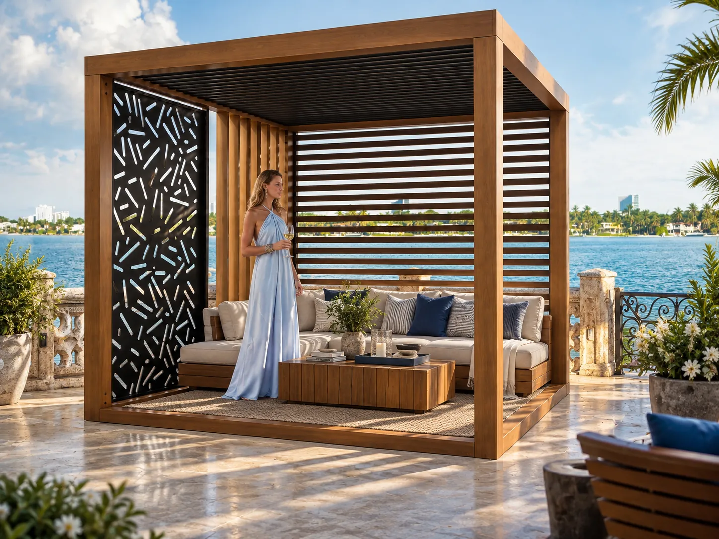 Woodgrain cabana · Bayfront terrace
