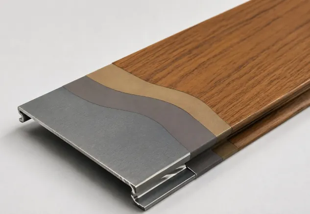 Cutaway of a woodgrain aluminum profile showing the substrate and coating layers